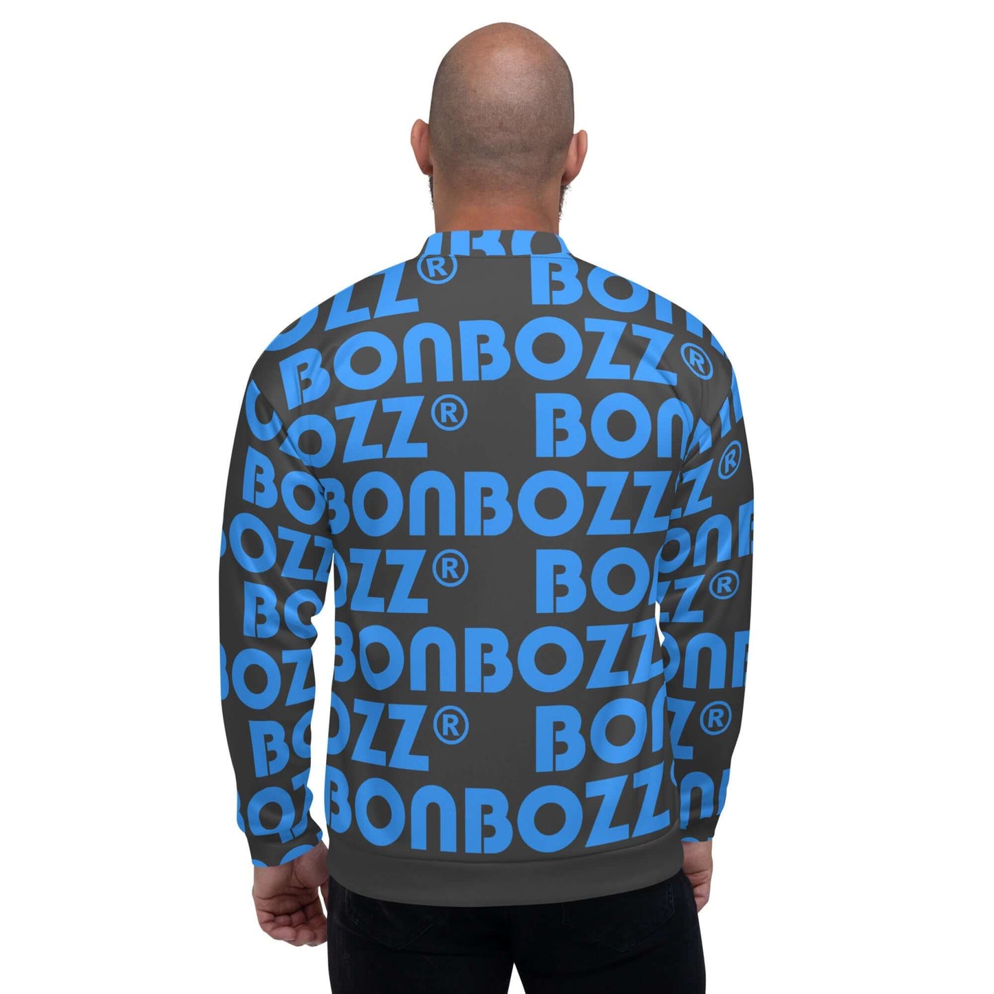 Back view of a person wearing Unisex Bomberjacke N°43 with colorful blue text pattern design on black.