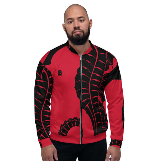 Model wearing Unisex Bomberjacke N°0, red and black design, featuring full print and fleece interior.