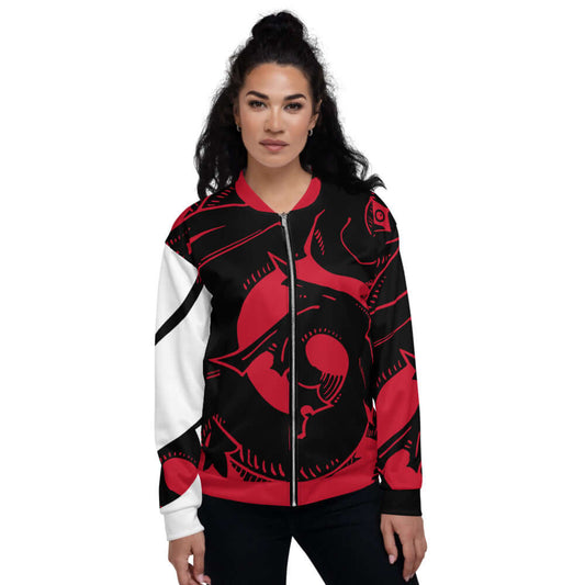 Woman wearing Unisex Bomberjacke N°4 with graphic print, black and red design, showcasing trendy style and relaxed fit.