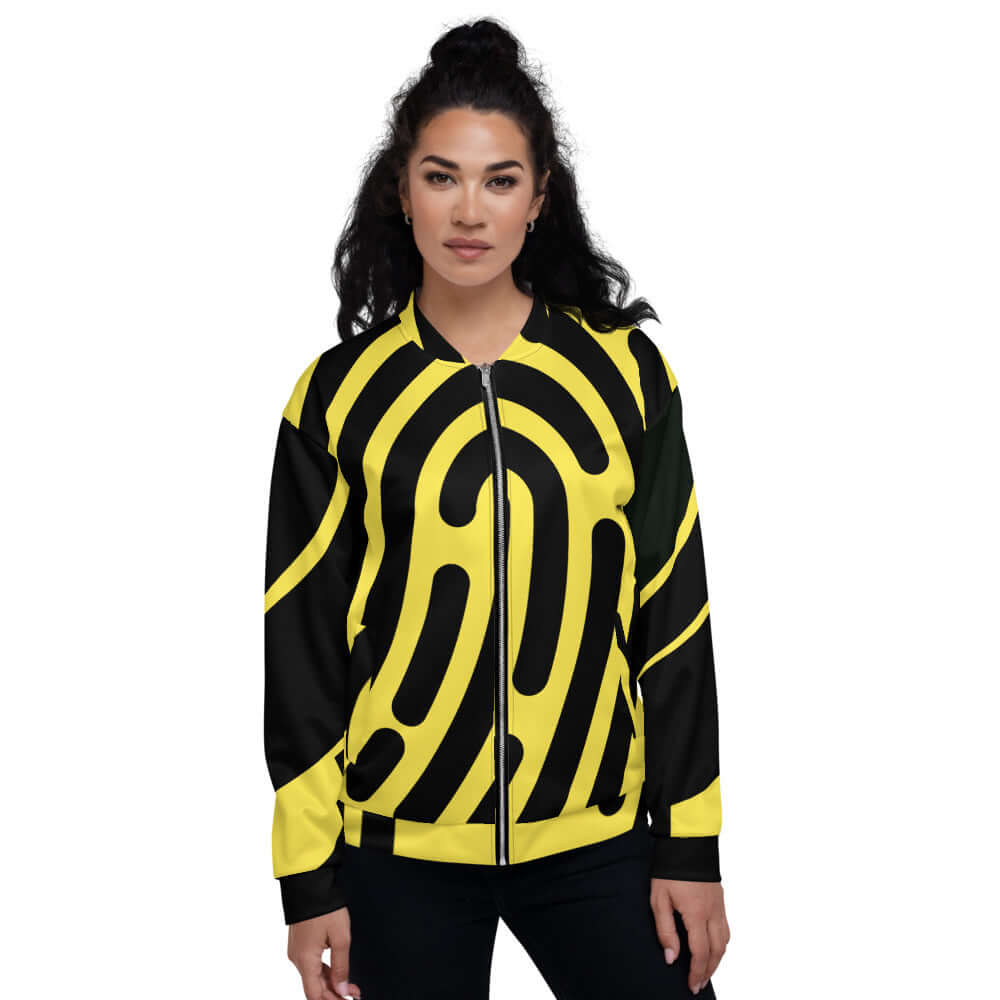Model wearing yellow and black Unisex Bomberjacke N°5 with bold pattern, showcasing its stylish design and relaxed unisex fit.