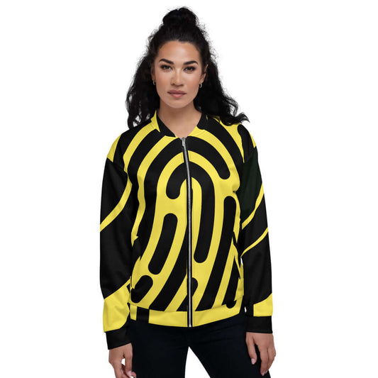 Model wearing yellow and black Unisex Bomberjacke N°5 with bold pattern, showcasing its stylish design and relaxed unisex fit.