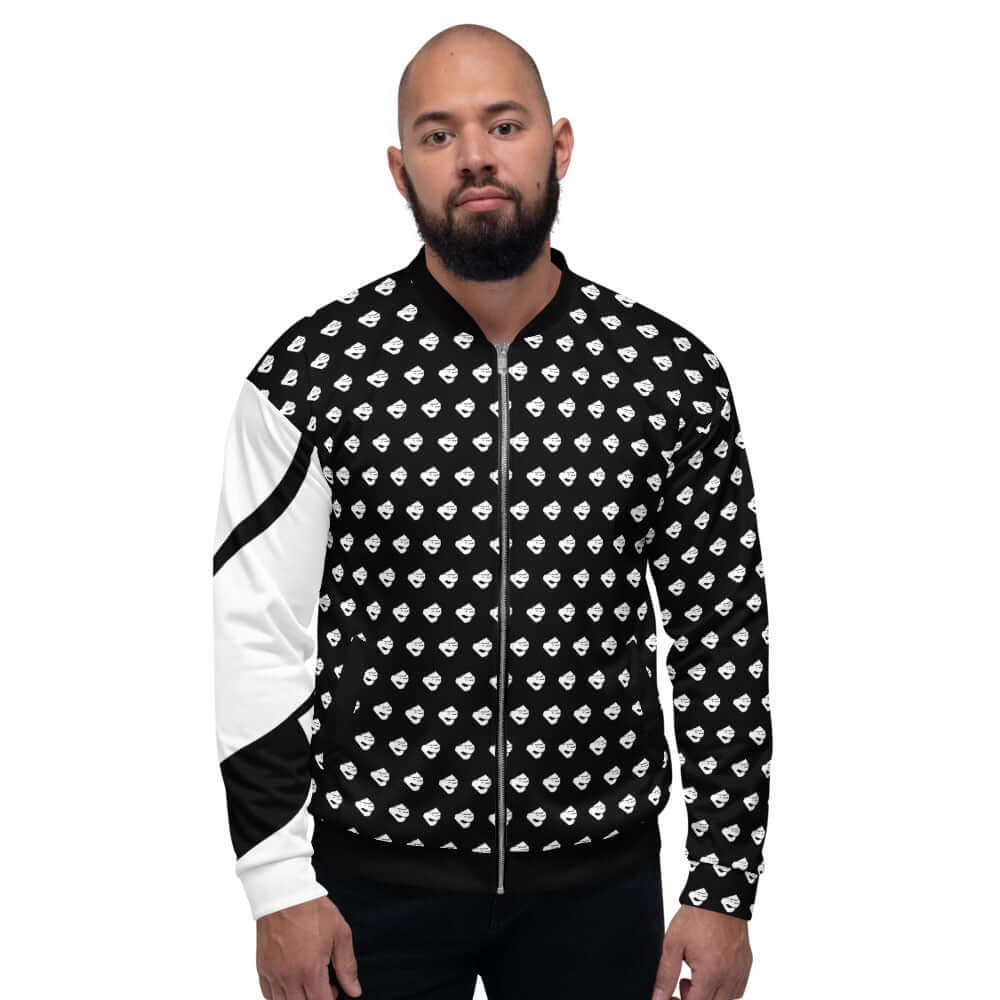 Model wearing Unisex Bomberjacke N°7 with black and white pattern, showcasing style and comfort. Perfect for any casual outfit.
