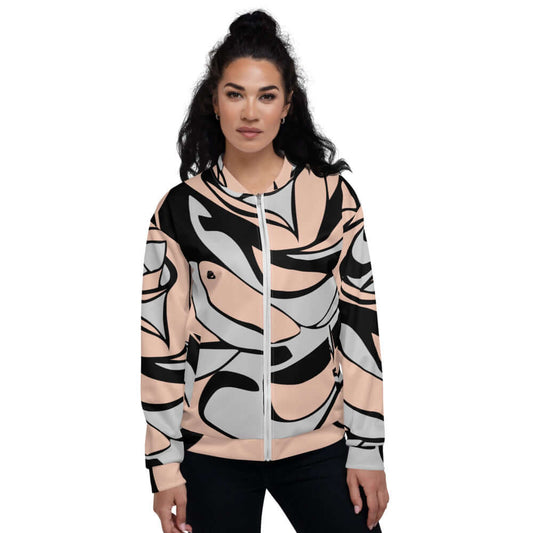 Woman wearing Unisex Bomberjacke N°20 with abstract design, front view