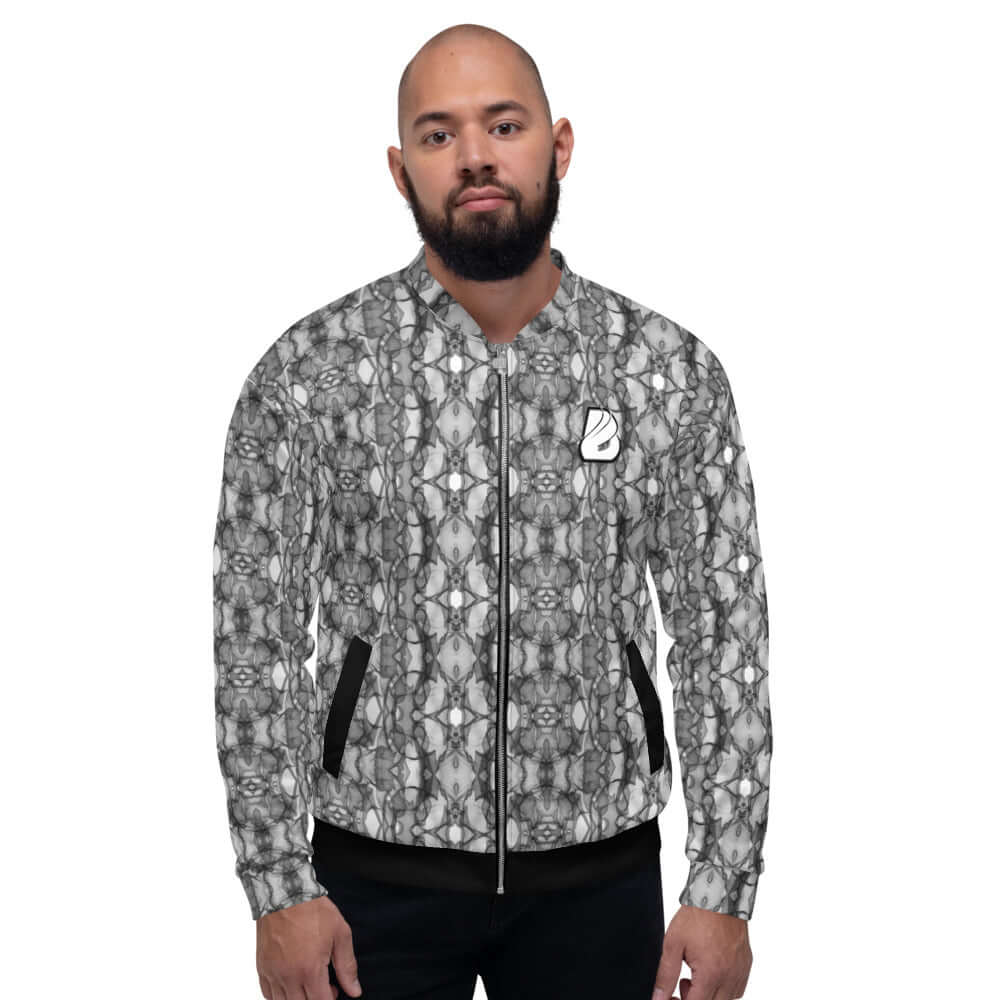 Person wearing Unisex Bomberjacke N°21 with all-over print pattern.