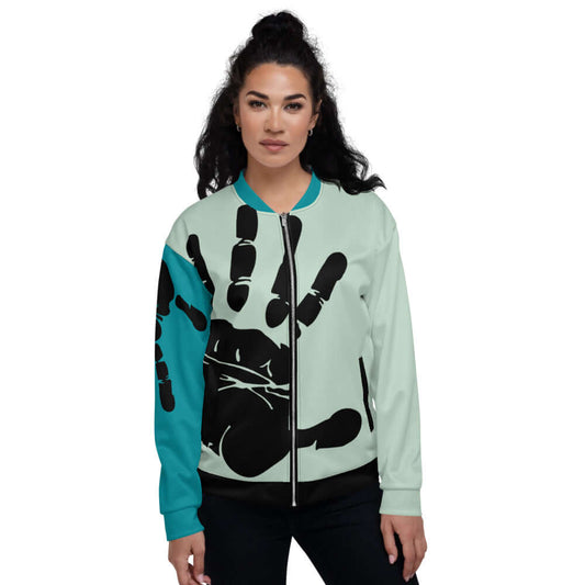 Unisex Bomberjacke N°27 with unique handprint design, worn by model, featuring fleece interior and relaxed fit, ideal for versatile styling.