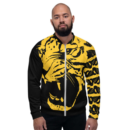 Man wearing Unisex Bomberjacke N°28 with bold yellow and black design, ideal for versatile styling.
