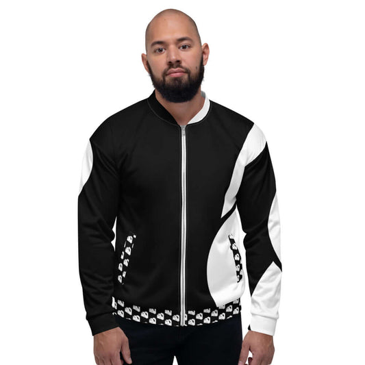 Unisex Bomberjacke N°30 in black and white worn by model, featuring fleece lining and loose fit, perfect over t-shirt or hoodie.