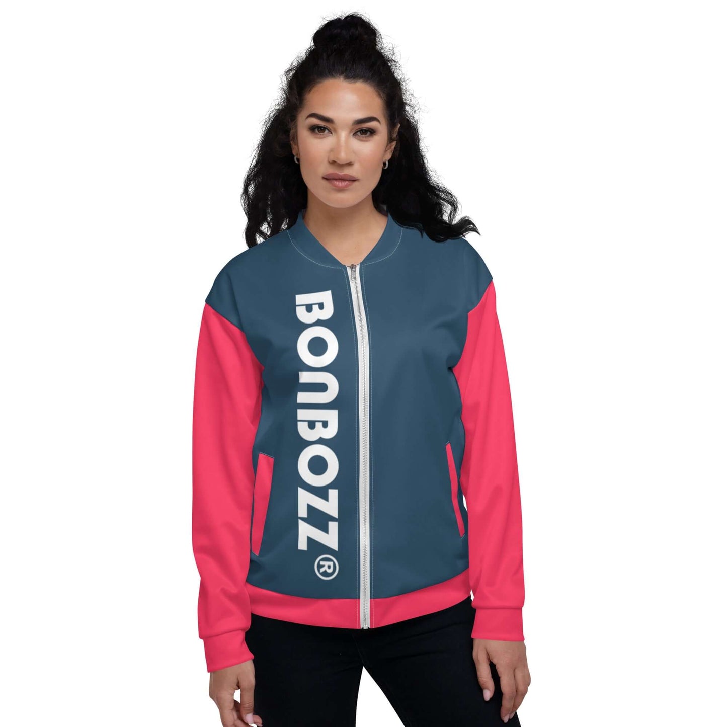 Unisex Bomberjacke N°34 in blue and pink with front zip, styled with casual flair, worn by a model.