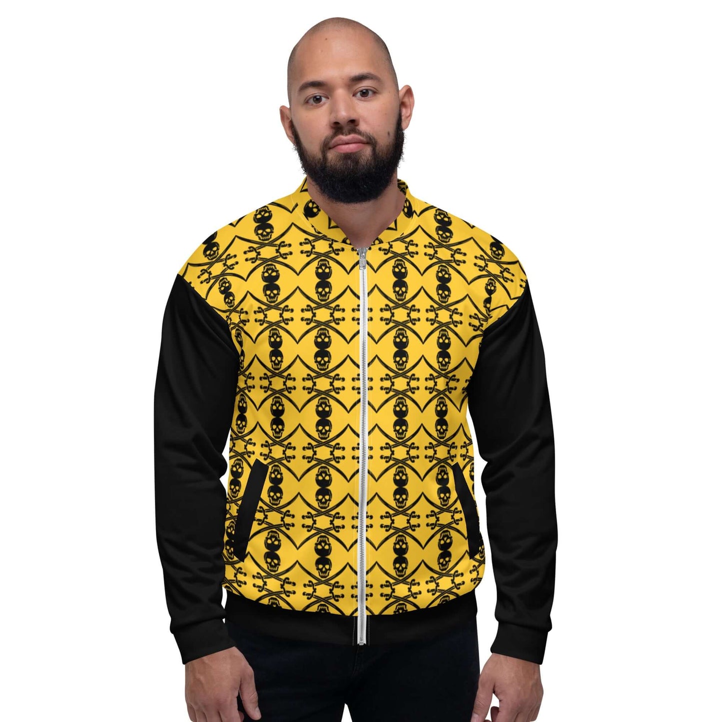Model wearing Unisex Bomberjacke N°35 with yellow and black pattern, showcasing versatile fashion.