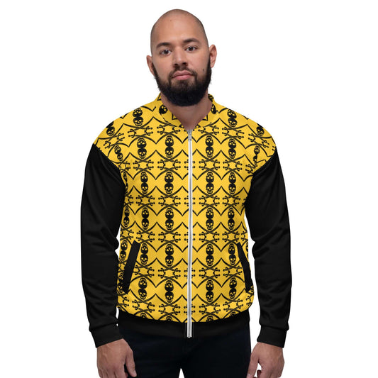 Model wearing Unisex Bomberjacke N°35 with yellow and black pattern, showcasing versatile fashion.
