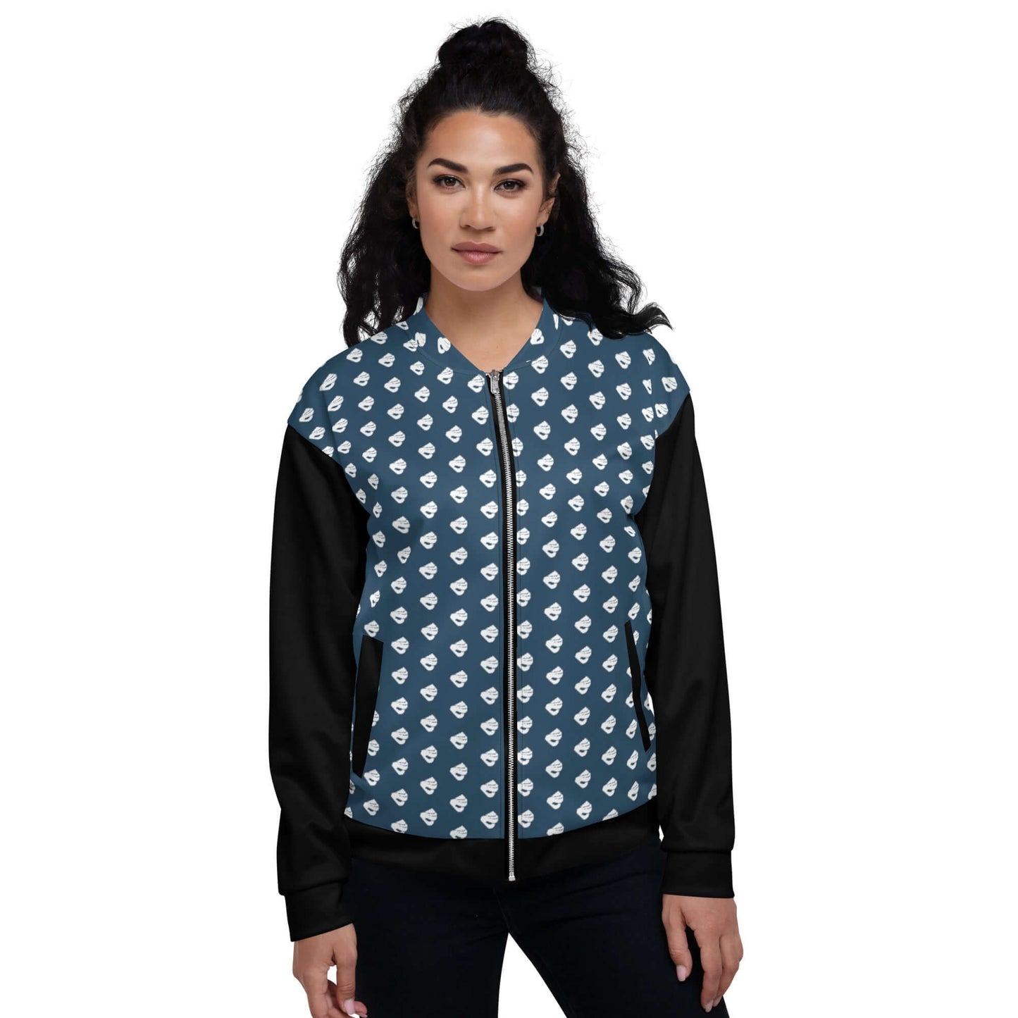 Model wearing the Unisex Bomberjacke N°36, featuring a stylish all-over print design and black sleeves, perfect for any casual outfit.