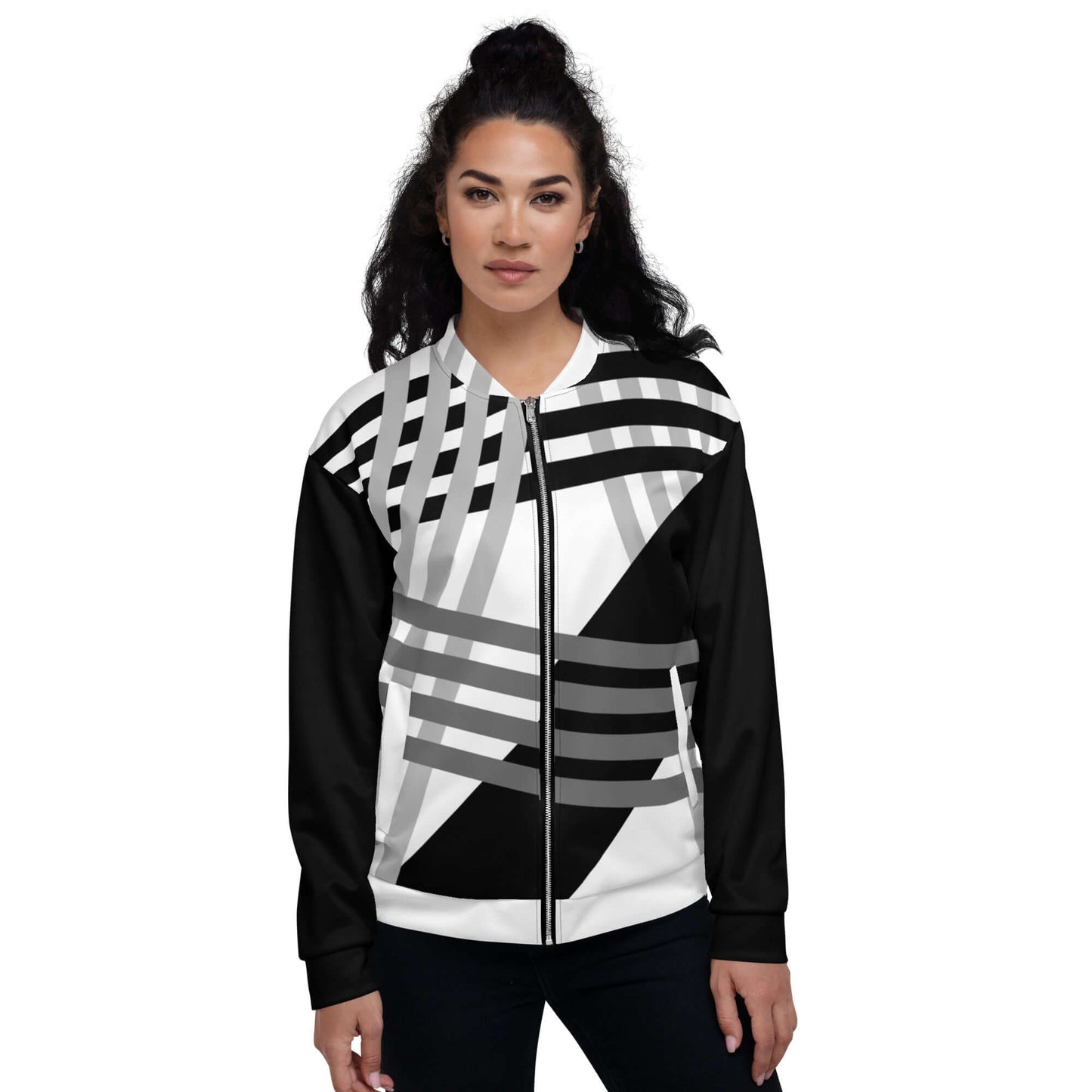 Model wearing Unisex Bomberjacke N°37 with geometric black and white design, showcasing bomber style and unisex fit