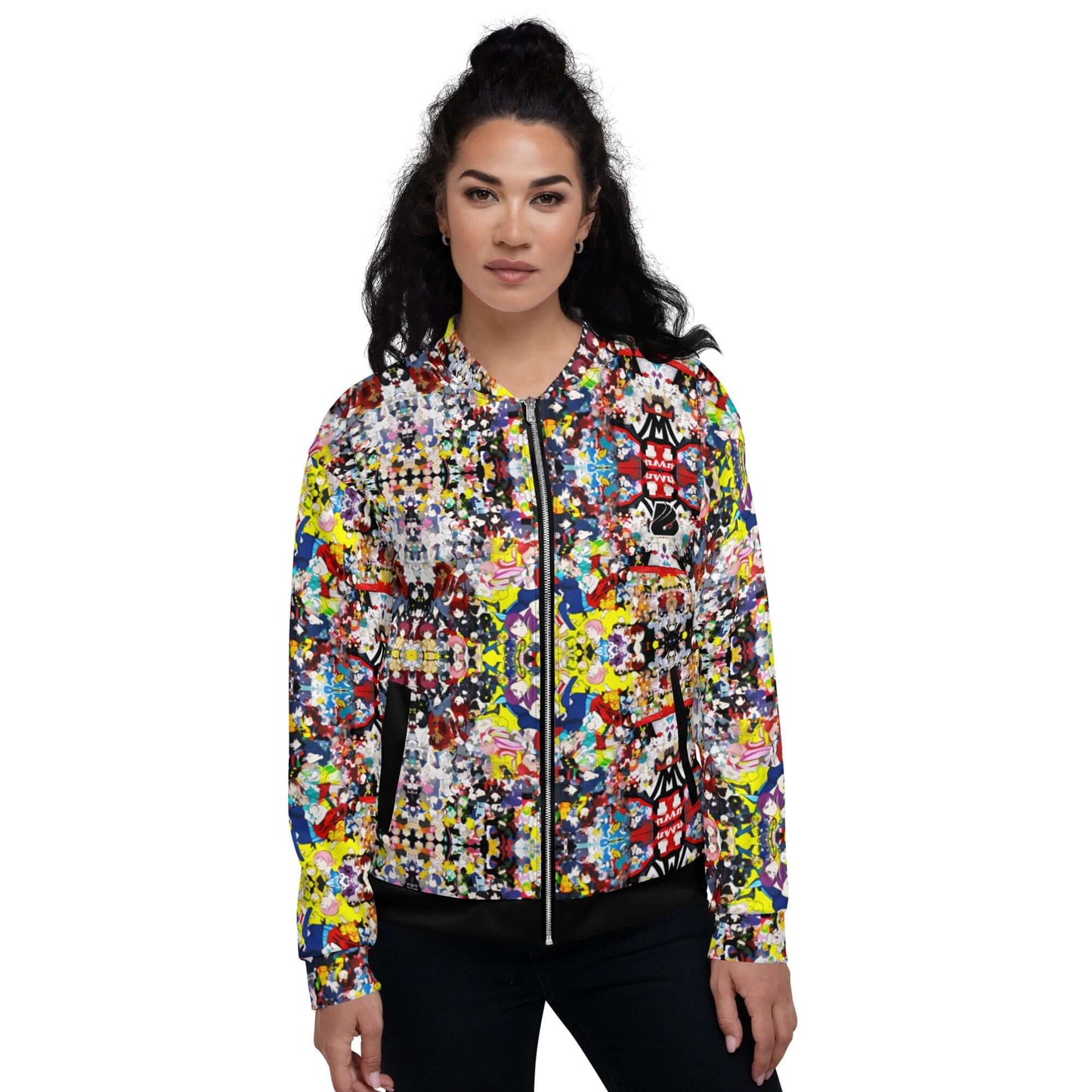 Woman wearing colorful Unisex Bomberjacke N°38 with vibrant pattern, showcasing modern fashion and versatile style.