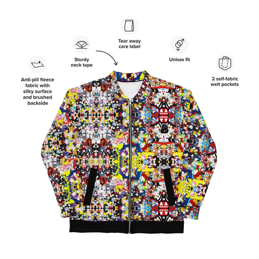 Unisex Bomberjacke N°38 with colorful design, fleece lining, and unisex fit, featuring sturdy neck tape and self-fabric welt pockets.