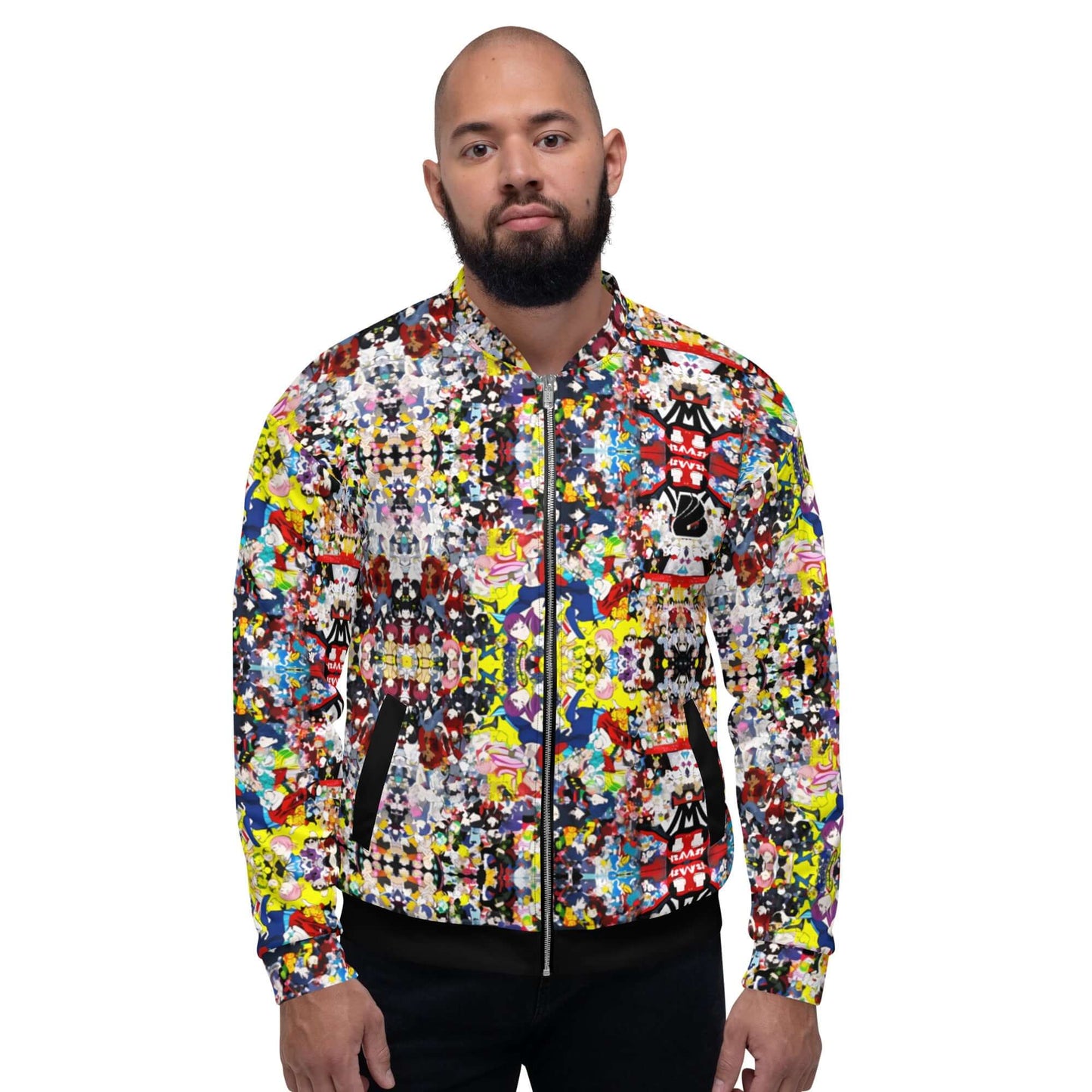 Man wearing colorful Unisex Bomberjacke N°38 with a vibrant graphic pattern, showcasing fashion versatility.