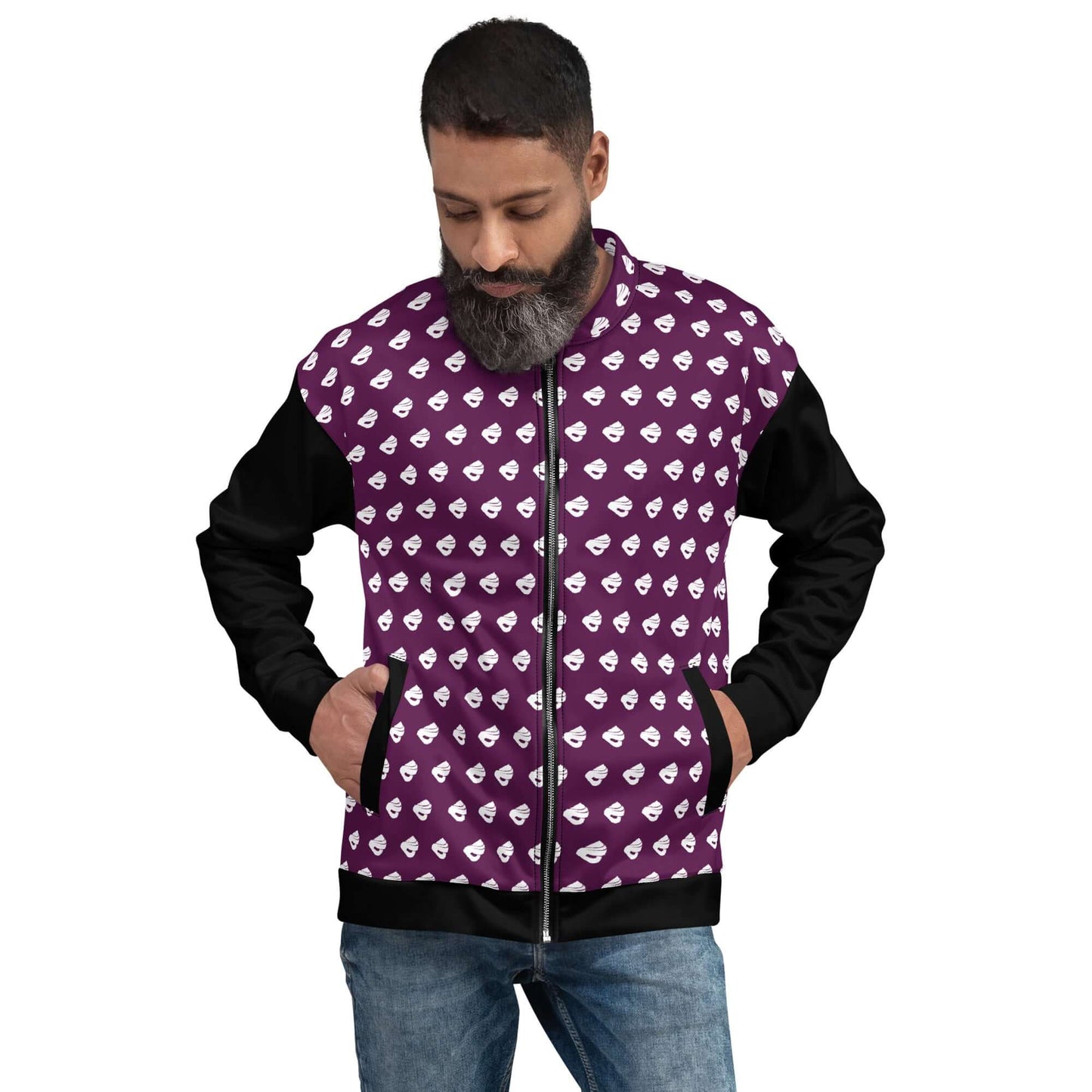 Man wearing Unisex Bomberjacke N°39, purple with black sleeves, features fleece inside and unisex fit.