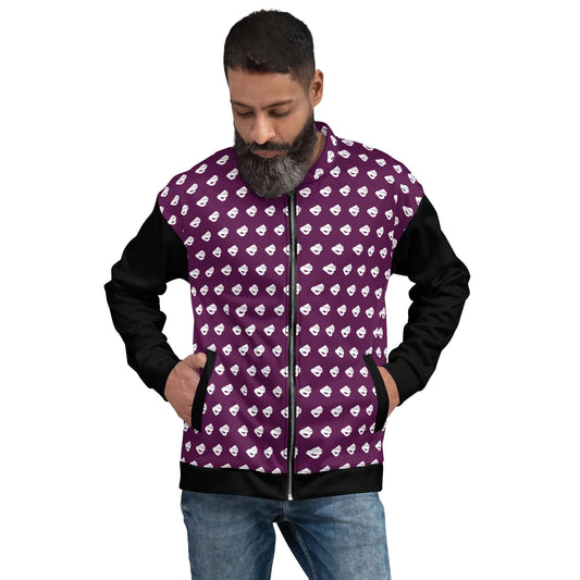 Man wearing Unisex Bomberjacke N°39, purple with black sleeves, features fleece inside and unisex fit.