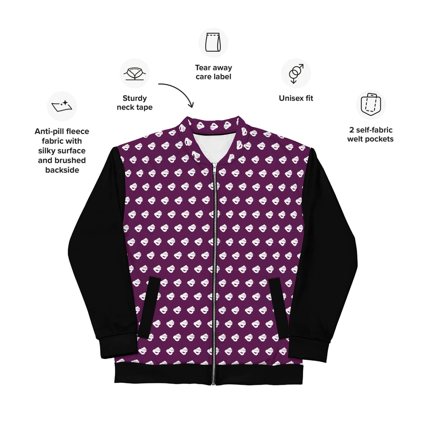Unisex Bomberjacke N°39 with purple pattern, black sleeves, fleece interior, and unisex fit, perfect for stylish, comfortable wear.