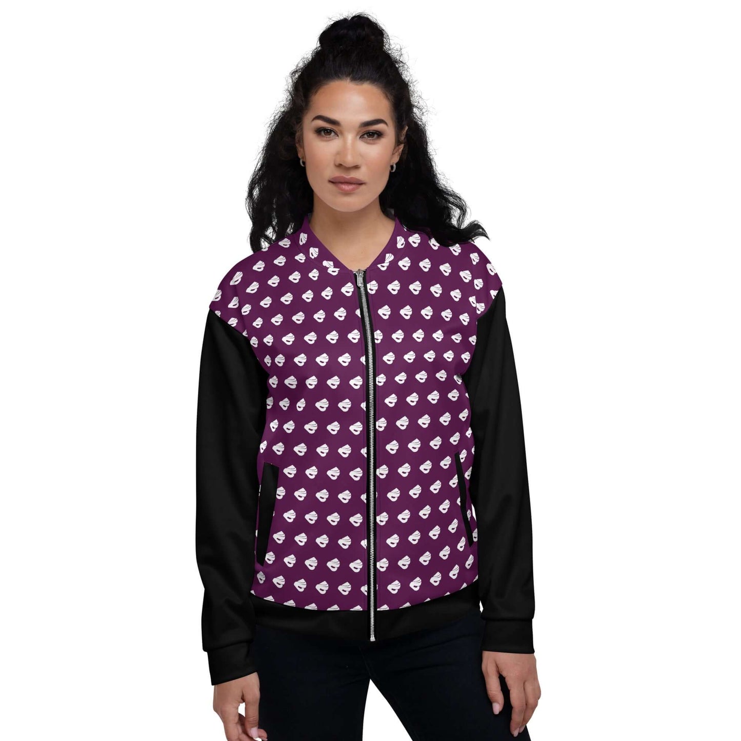 Unisex Bomberjacke N°39 with black sleeves and heart pattern, perfect for a stylish casual look, worn by model.