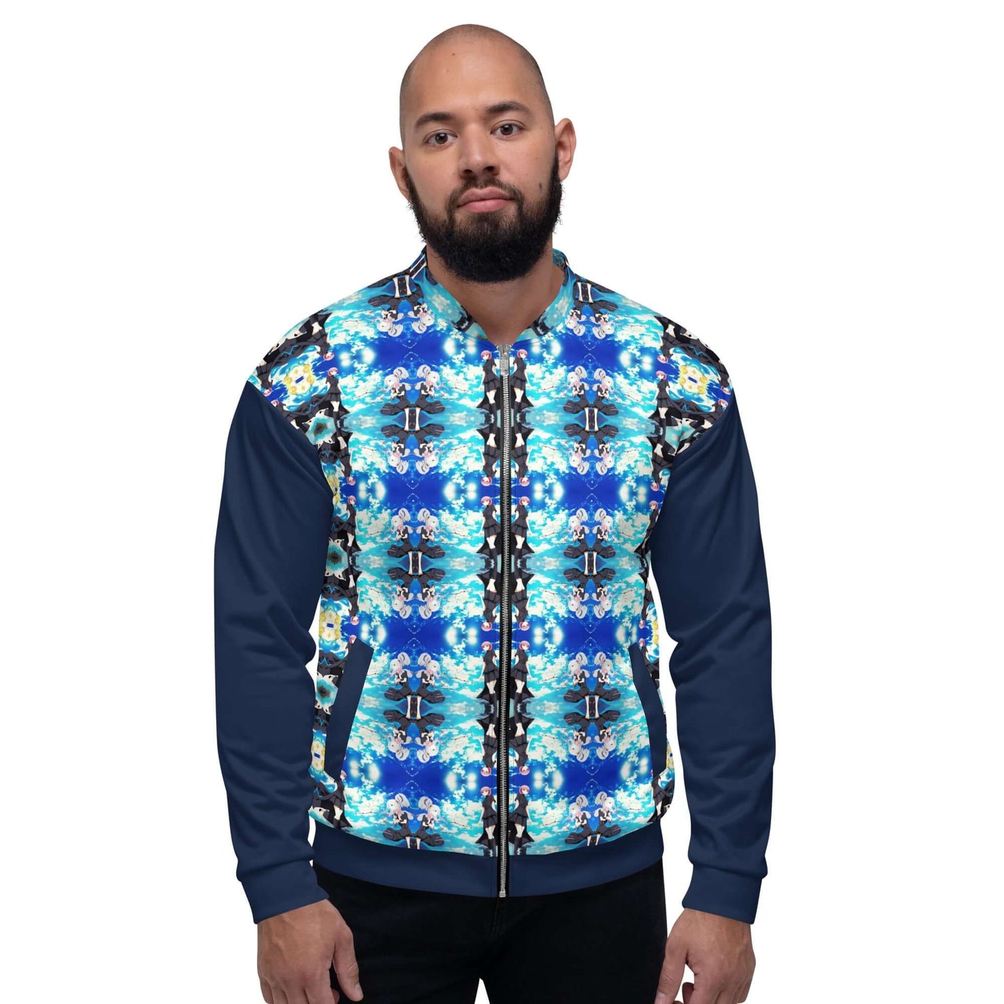 Model wearing Unisex Bomberjacke N°40 with vibrant blue and black pattern