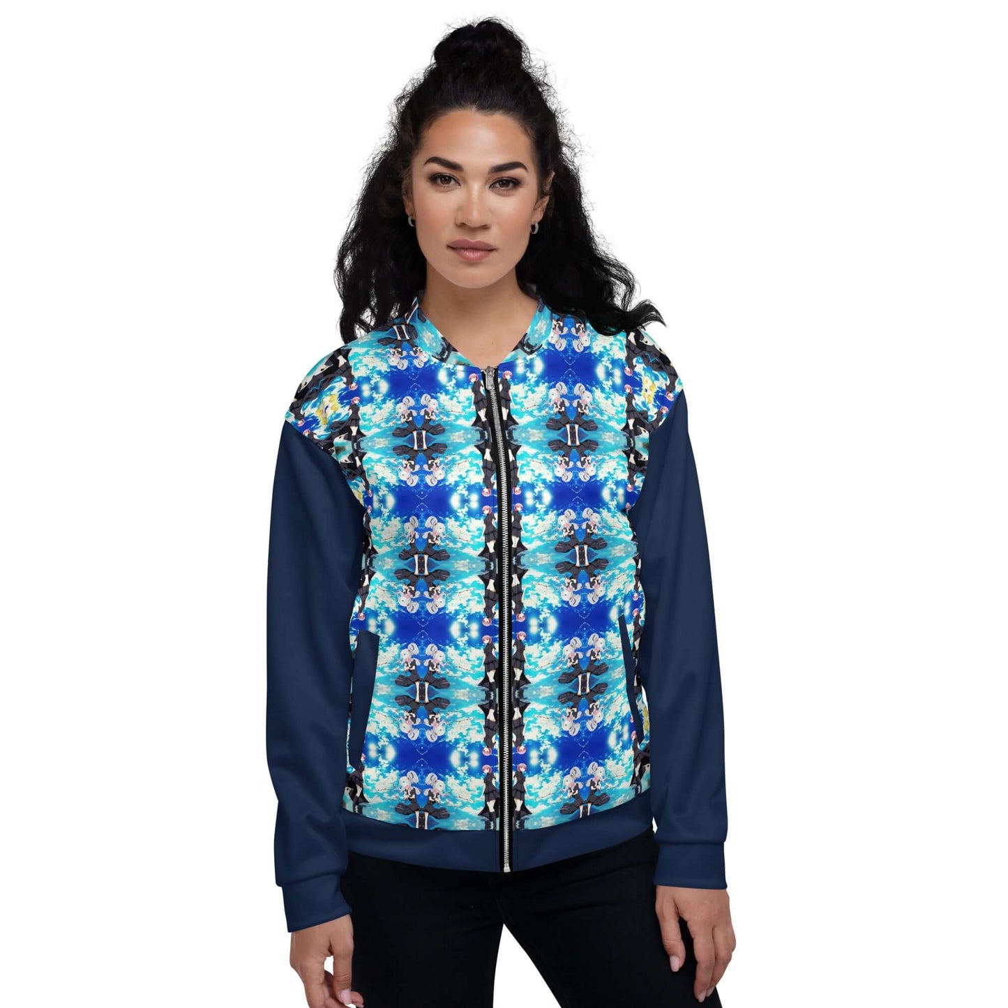 Model wearing Unisex Bomberjacke N°40 with a vibrant blue pattern and fleece inside, perfect for versatile styling.