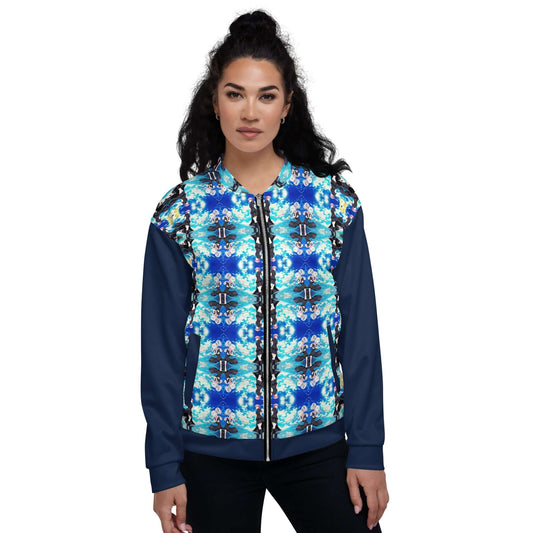 Model wearing Unisex Bomberjacke N°40 with a vibrant blue pattern and fleece inside, perfect for versatile styling.