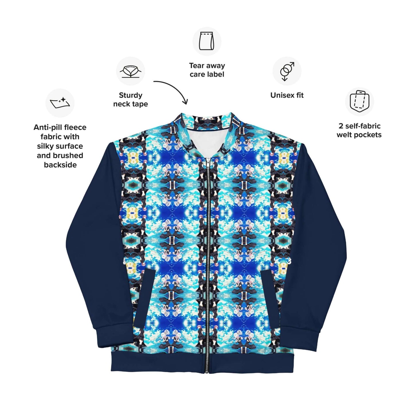 Colorful Unisex Bomberjacke N°40 with fleece lining, tear-away label, and unisex fit, featuring unique pattern and pockets for style and comfort.