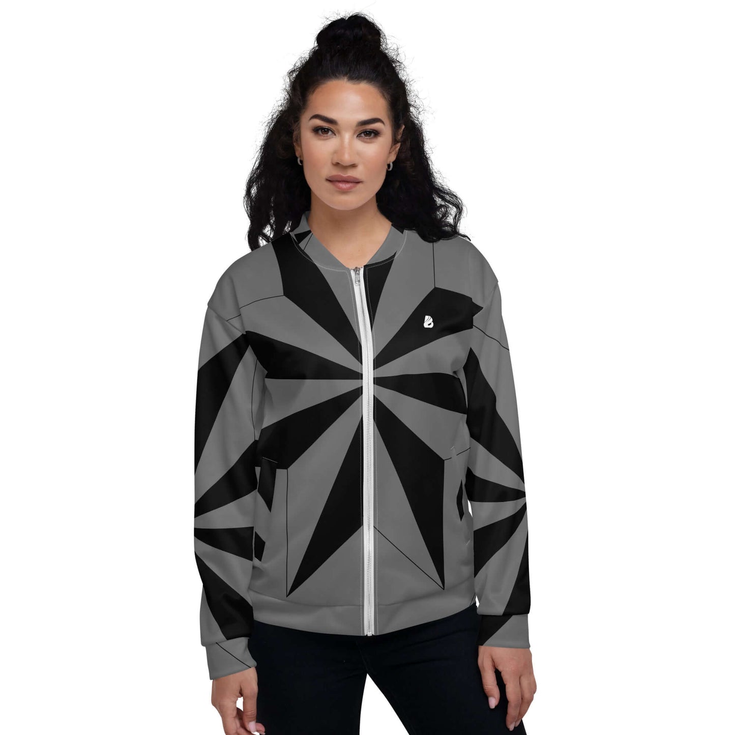 Model wearing the stylish Unisex Bomberjacke N°41 with geometric pattern, highlighting its versatile unisex design and fleece interior.