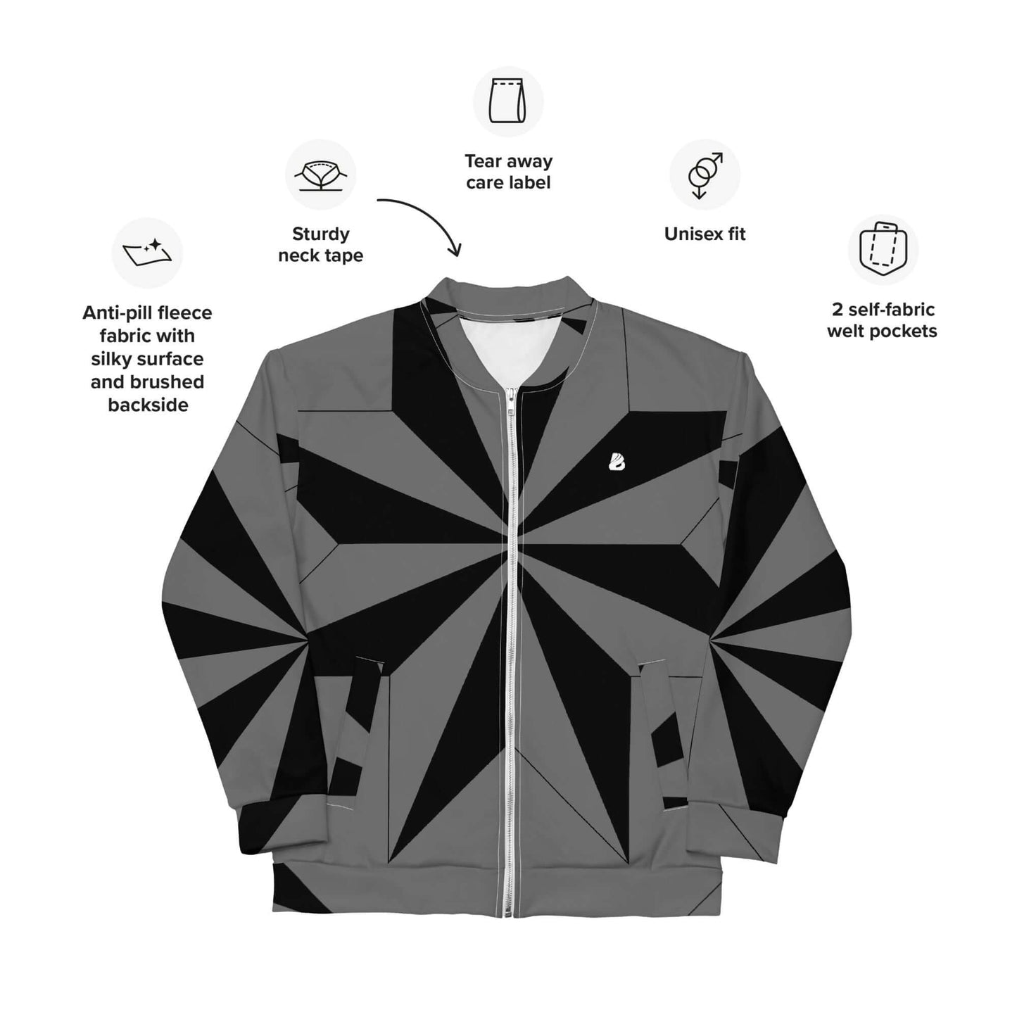 Unisex Bomberjacke N°41 with geometric design, featuring anti-pill fleece, sturdy neck tape, unisex fit, and self-fabric welt pockets.