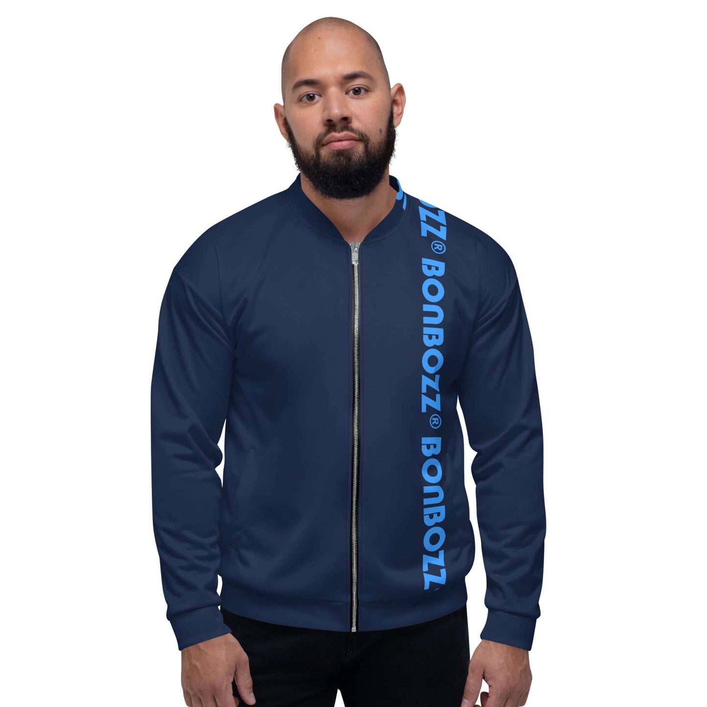 Man wearing Unisex Bomberjacke N°42 with blue vertical text on dark jacket.