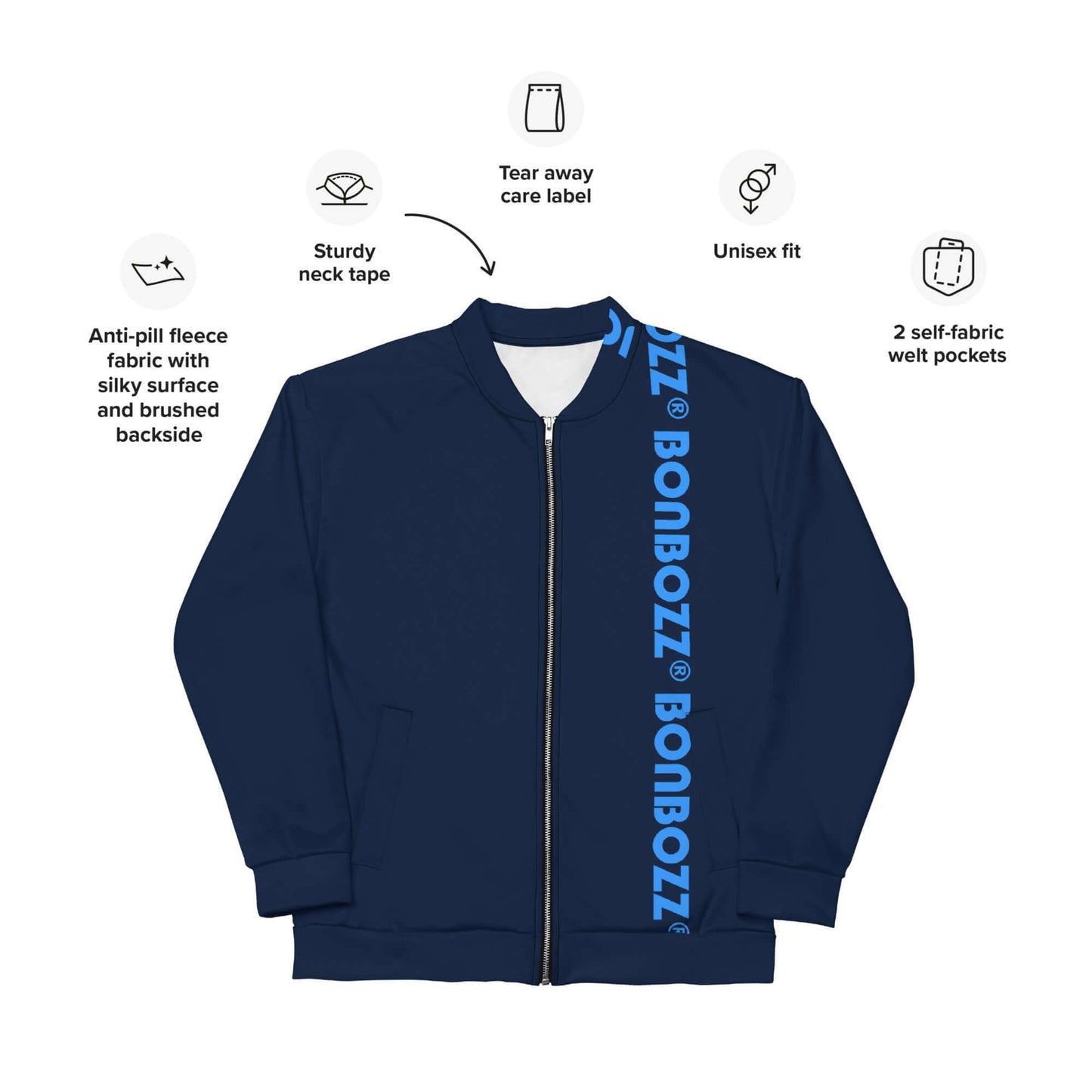 Unisex Bomberjacke N°42 navy blue with fleece interior, featuring a sturdy neck tape, tear-away label, and unisex fit.