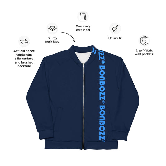 Unisex Bomberjacke N°42 navy blue with fleece interior, featuring a sturdy neck tape, tear-away label, and unisex fit.