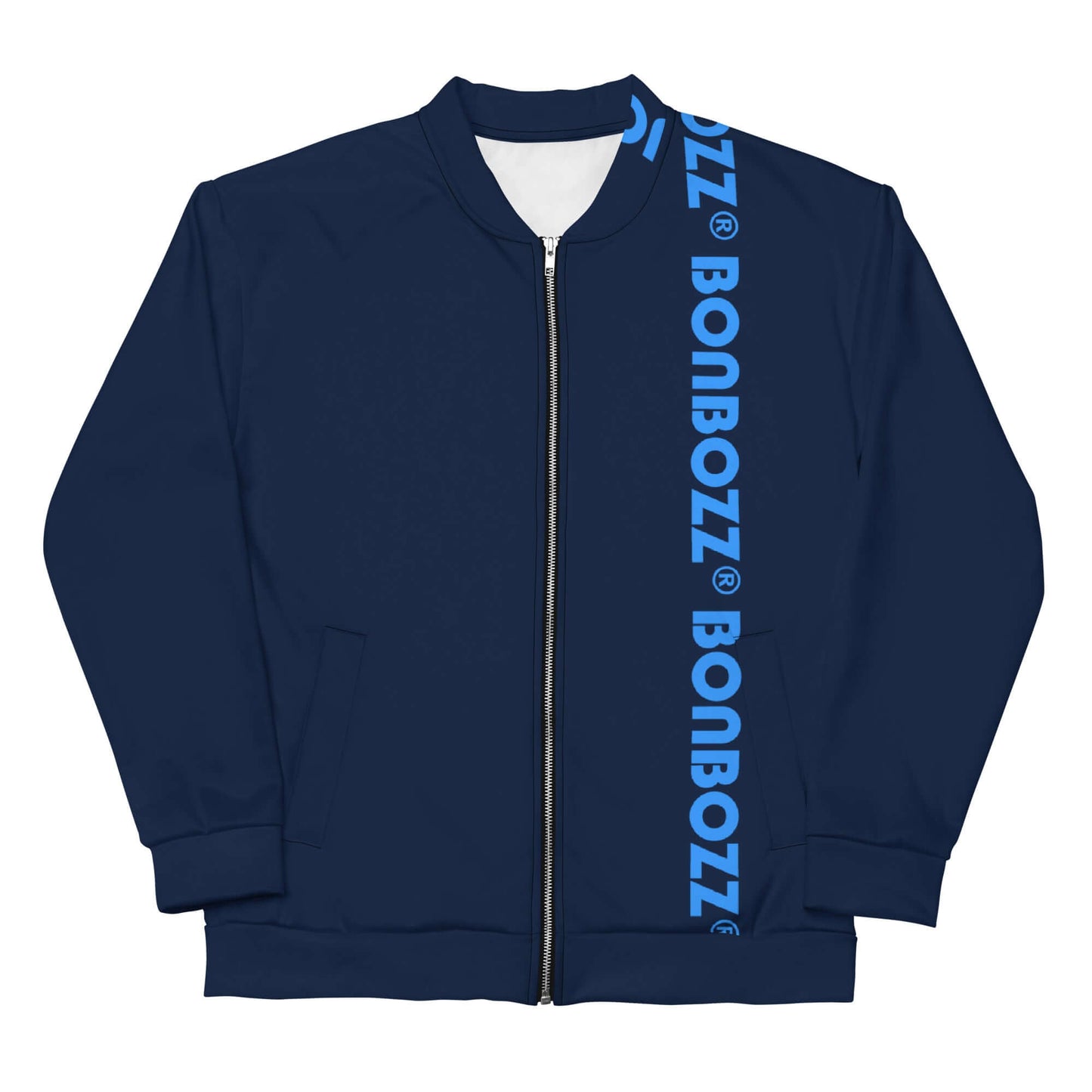 Unisex Bomberjacke N°42 in navy blue with front zipper and logo detailing, perfect for versatile styling with T-shirts or hoodies.