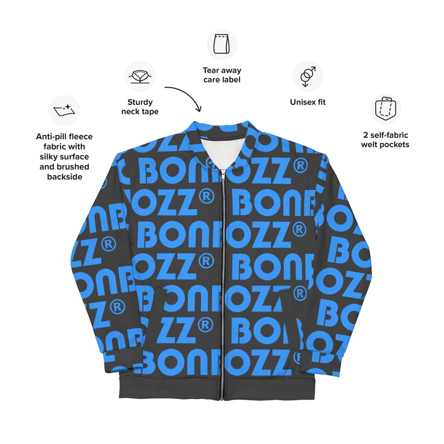 Unisex Bomberjacke N°43 in blue and black with fleece interior and relaxed fit, featuring unique pattern design and tear-away label.