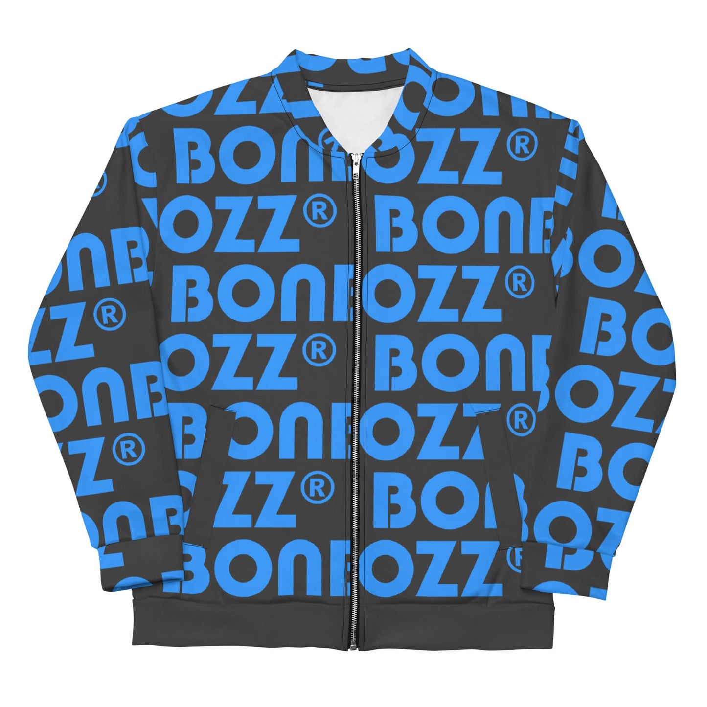 Unisex Bomberjacke N°43 with blue and black graphic pattern, front view, showcasing fleece interior and relaxed fit.