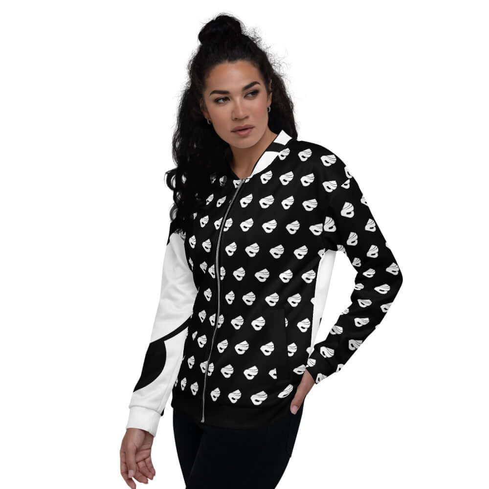 Woman wearing stylish Unisex Bomberjacke N°1, black and white, all-over print, perfect for any outfit.