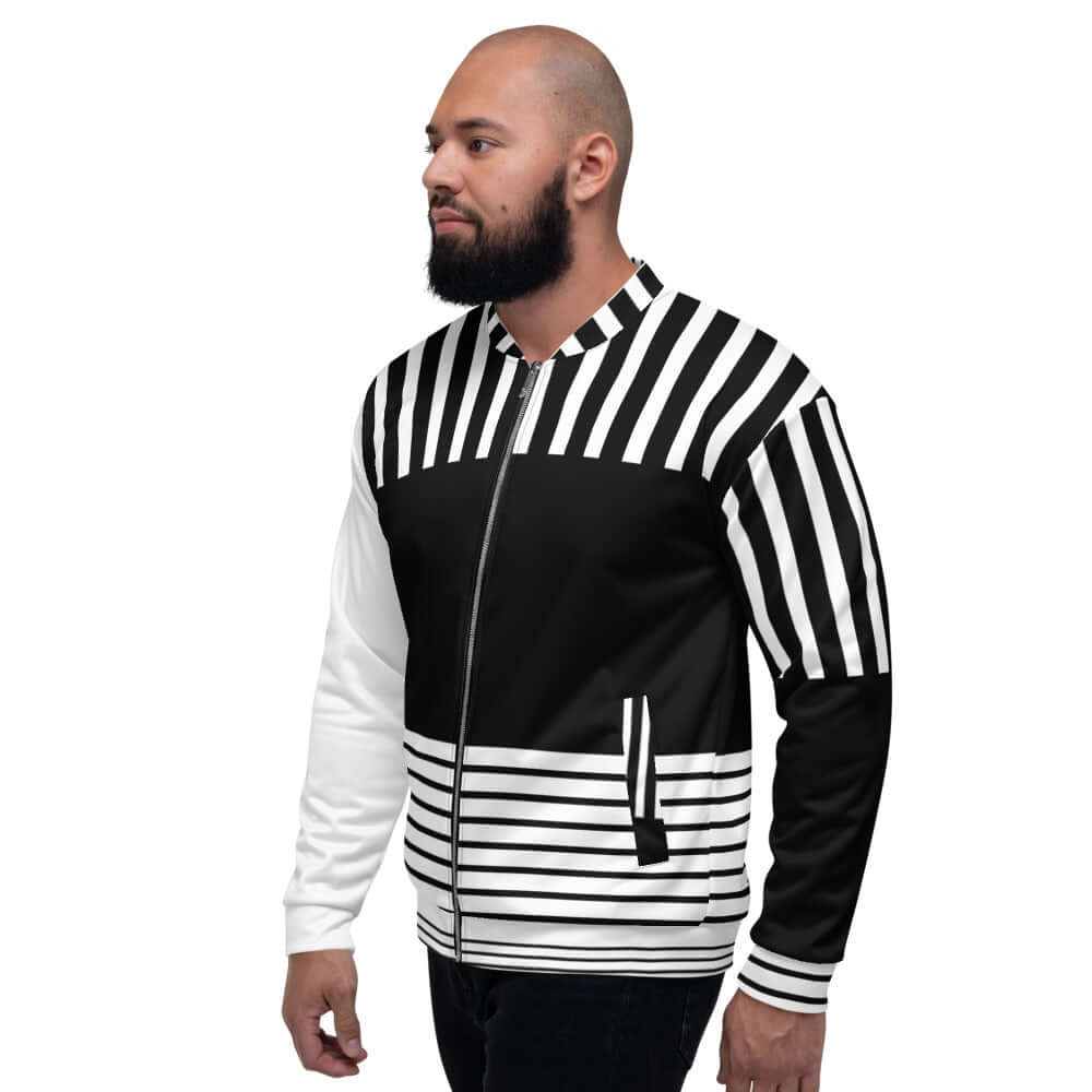 Unisex Bomberjacke N°3 with black and white striped design, ideal for versatile styling with its relaxed fit and fleece interior.