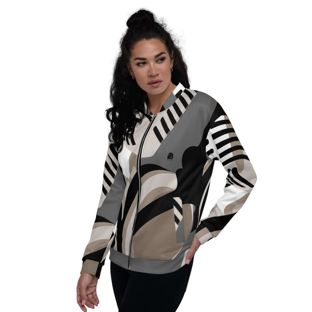 Model wearing Unisex Bomberjacke N°8, stylish abstract design, perfect for any outfit. Polyester, fleece-lined, unisex fit.
