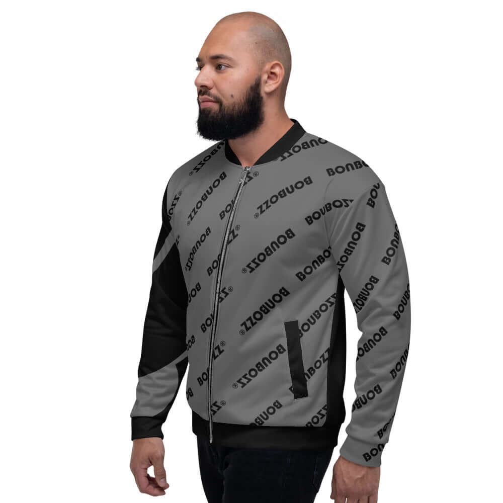 Unisex Bomberjacke N°9 with all-over print, worn by a model showcasing casual style and comfort.
