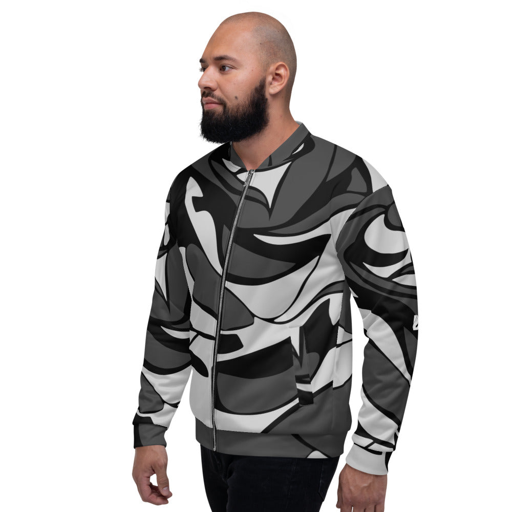 Unisex Bomberjacke N°10 in modernem schwarz-weiß Muster, perfekt für lässige Outfits.