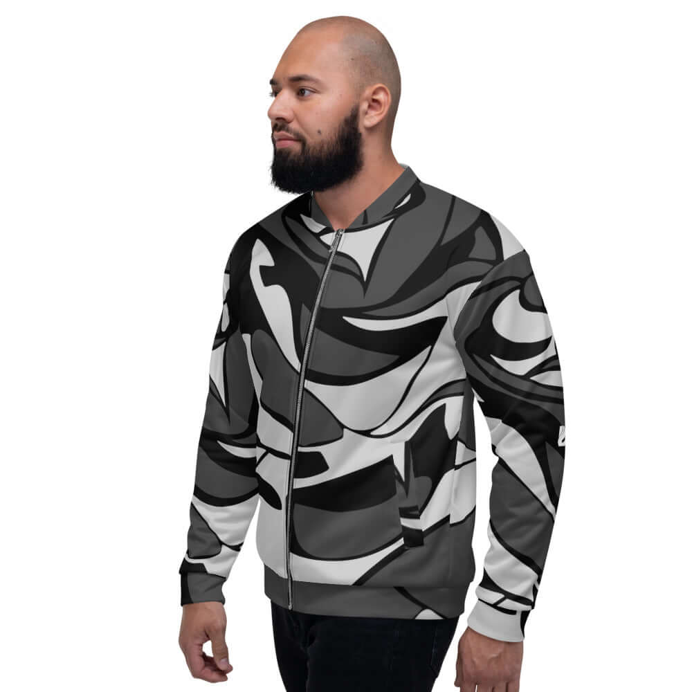 Unisex Bomberjacke N°10 in black and white design, modeled with a casual outfit, highlighting the jacket's versatile style and comfort.