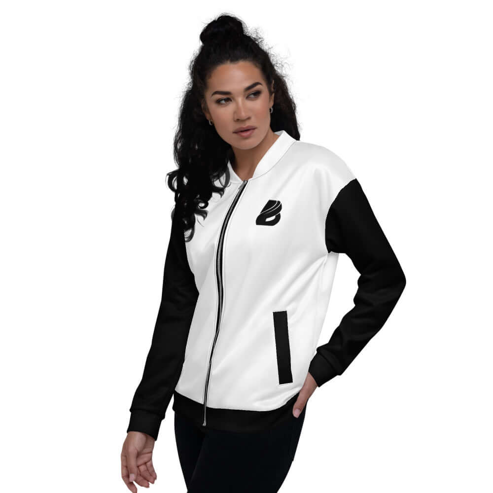 Unisex Bomberjacke N°16, stylish with black sleeves and white front, modeled by a person in casual attire, perfect for any outfit.