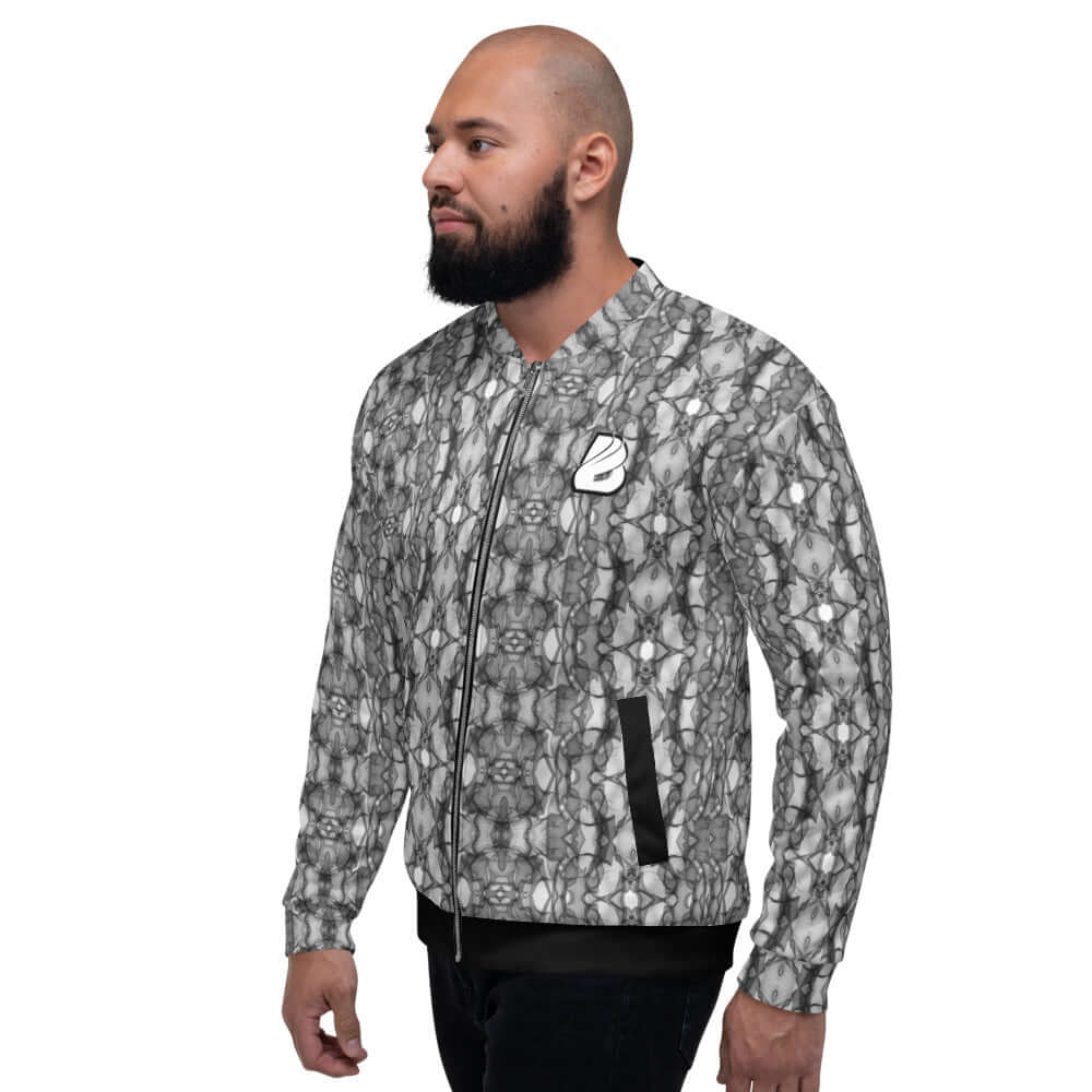 Model wearing Unisex Bomberjacke N°21 with all-over print, showcasing a stylish and versatile fashion statement.