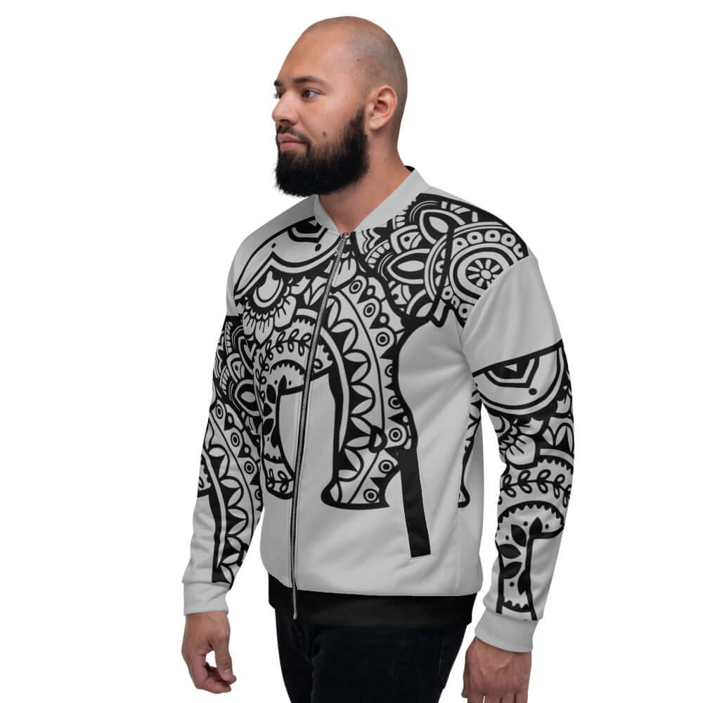 Man wearing stylish Unisex Bomberjacke N°25 with black and white ornate design.
