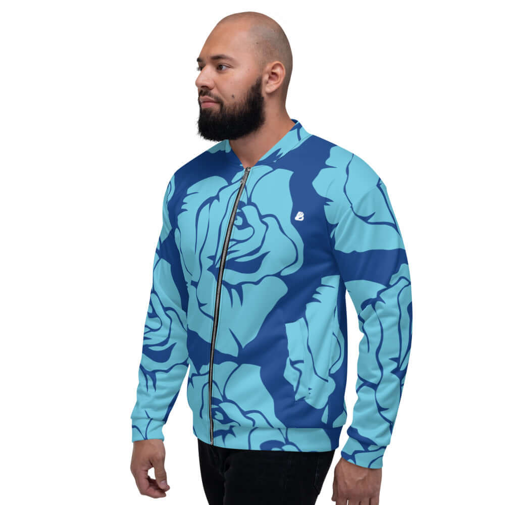Man wearing Unisex Bomberjacke N°26 with blue floral pattern, showcasing stylish design and comfortable fit.