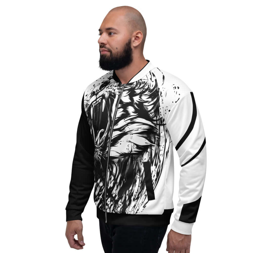 Unisex Bomberjacke N°31 with artistic black and white design worn by a model, ideal for elevating any outfit with style and comfort.