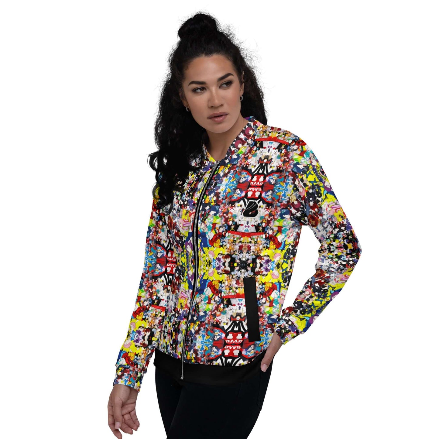 Model wearing colorful Unisex Bomberjacke N°38 with vibrant print, showcasing its stylish design and unisex fit.