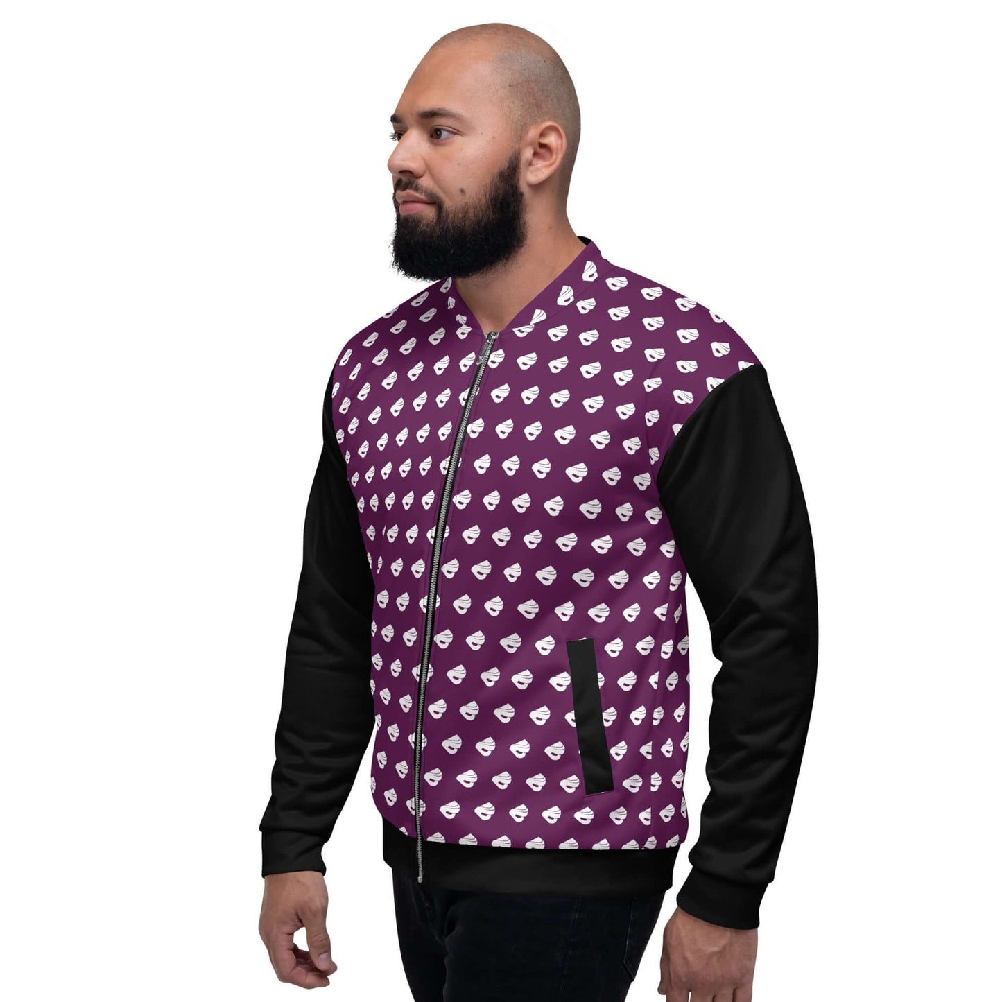 Model wearing Unisex Bomberjacke N°39 with a vibrant pattern and black sleeves, showcasing casual style and versatile fit.