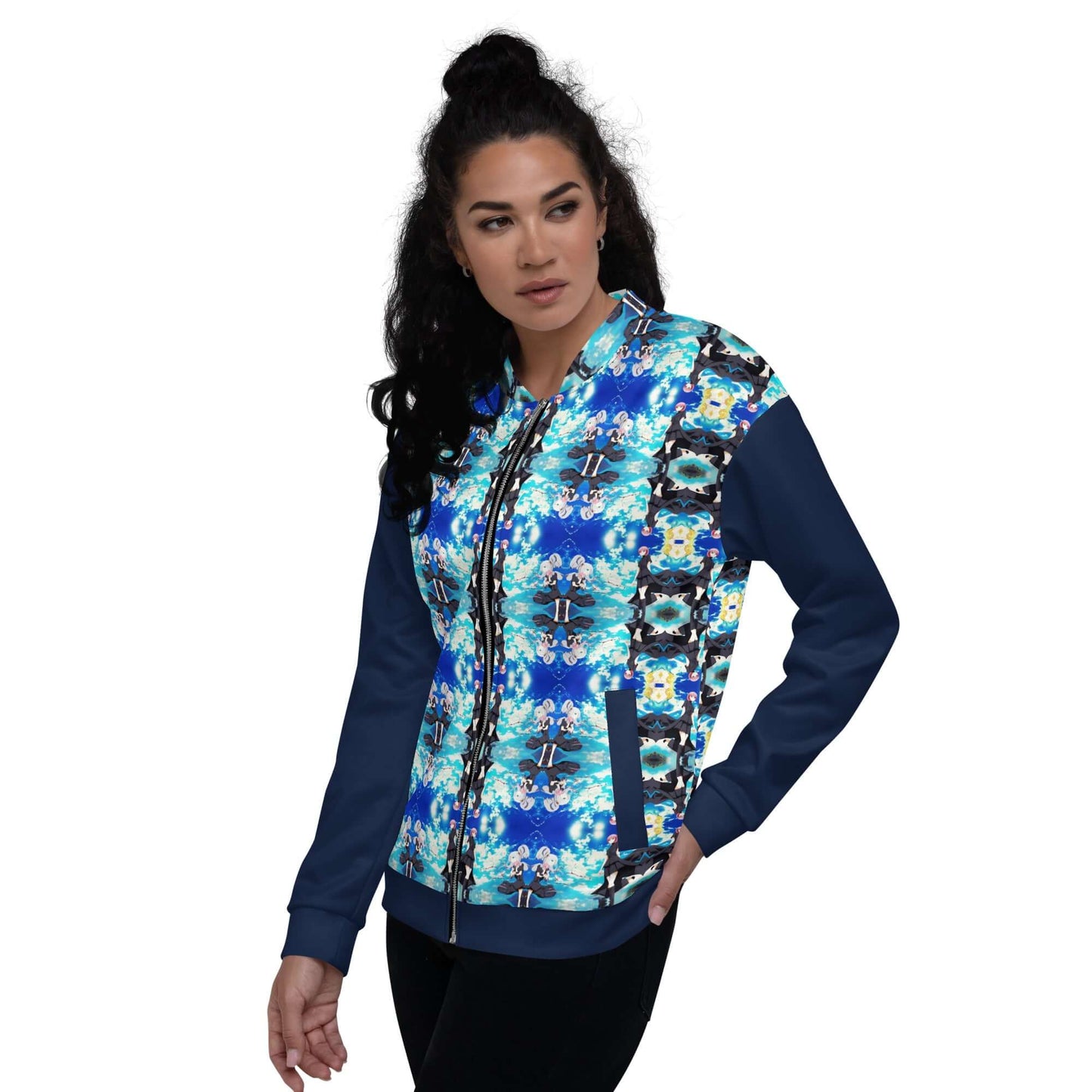 Woman modeling Unisex Bomberjacke N°40 with colorful print, featuring a fleece interior and relaxed fit.