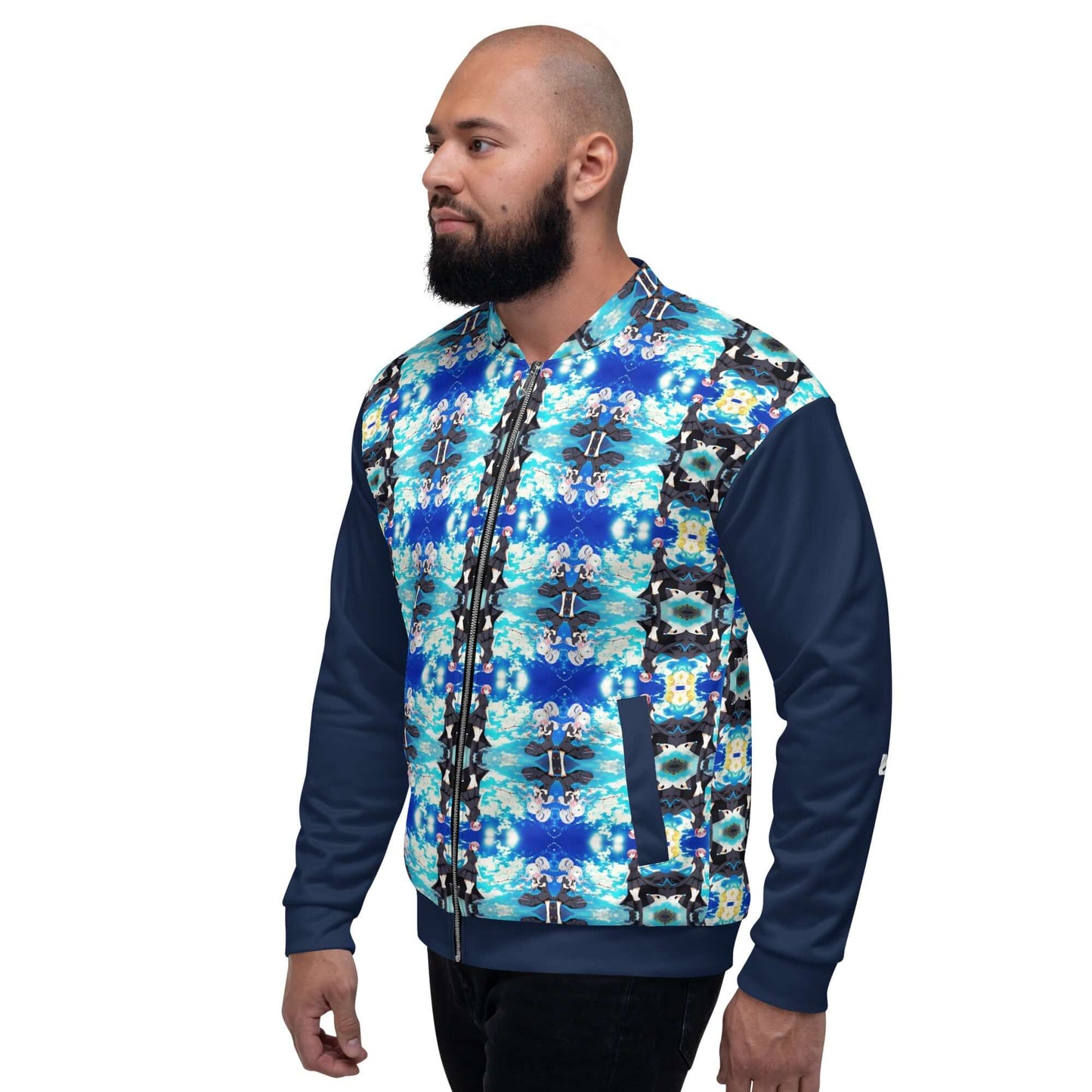 Man wearing Unisex Bomberjacke N°40 with vibrant blue pattern and navy sleeves, highlighting the jacket's stylish unisex design.